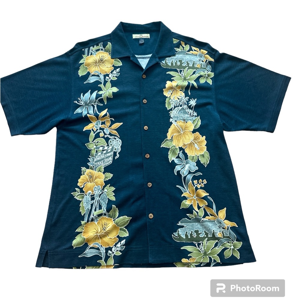 Tommy Bahama Men’s Blue Floral Studio Film Director Hawaiian Silk Cotton Large